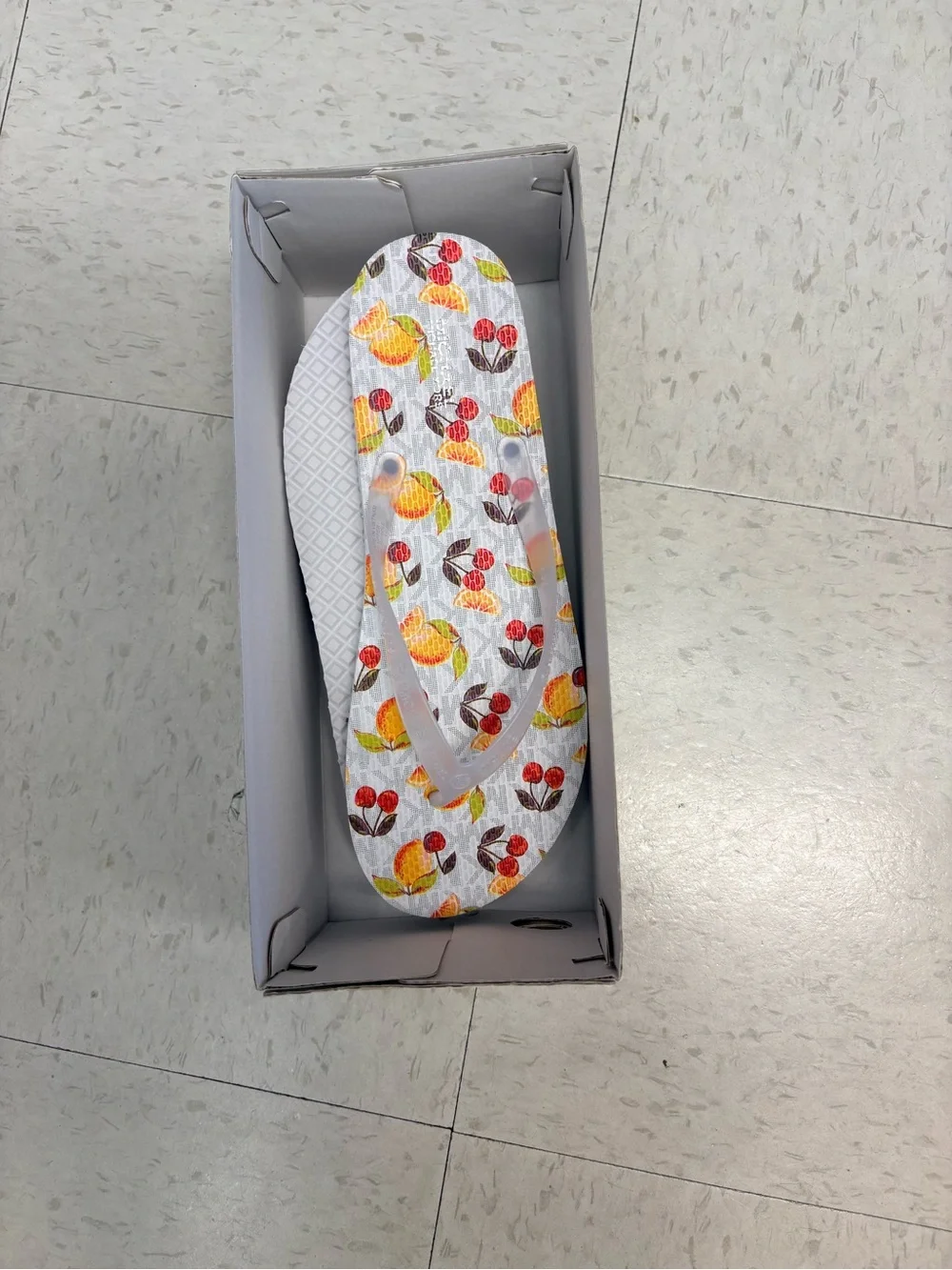 Michael Kors White Flip Flop Sandals with Yellow and Red Fruit Print